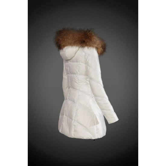 Women Moncler Long Down Coats With Raccoon Fur Collar White