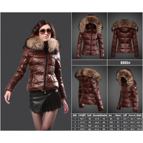 Women Moncler Down Jacket With Raccoon Fur Collar Brown