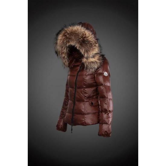 Women Moncler Down Jacket With Raccoon Fur Collar Brown