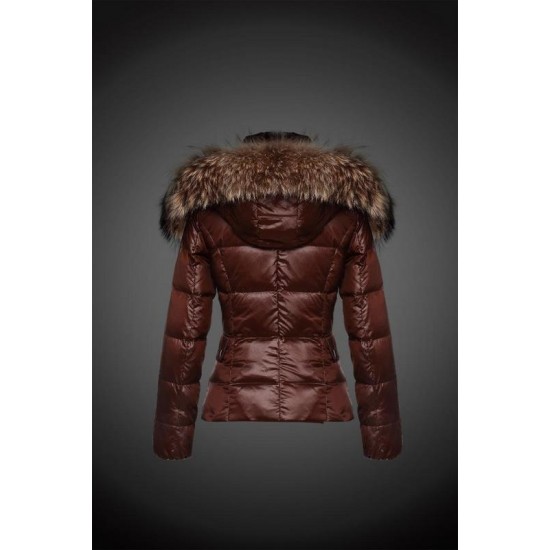 Women Moncler Down Jacket With Raccoon Fur Collar Brown