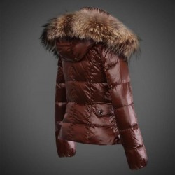 Women Moncler Down Jacket With Raccoon Fur Collar Brown