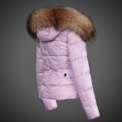 Women Moncler Down Jacket With Raccoon Fur Collar Pink