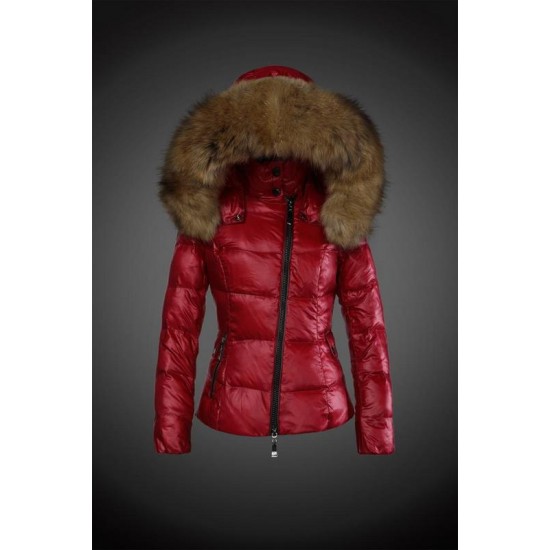 Women Moncler Down Jacket With Raccoon Fur Collar Red