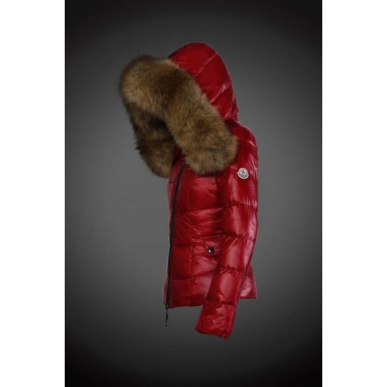 Women Moncler Down Jacket With Raccoon Fur Collar Red