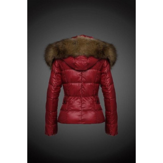 Women Moncler Down Jacket With Raccoon Fur Collar Red