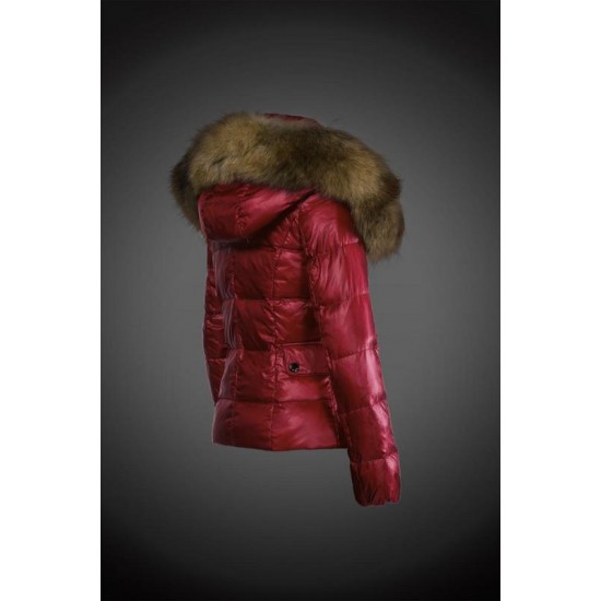 Women Moncler Down Jacket With Raccoon Fur Collar Red