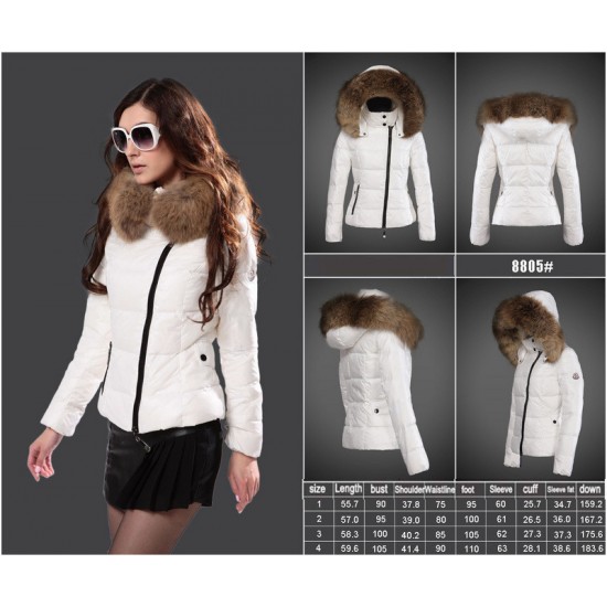 Women Moncler Down Jacket With Raccoon Fur Collar White