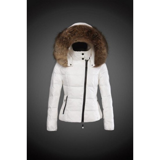 Women Moncler Down Jacket With Raccoon Fur Collar White