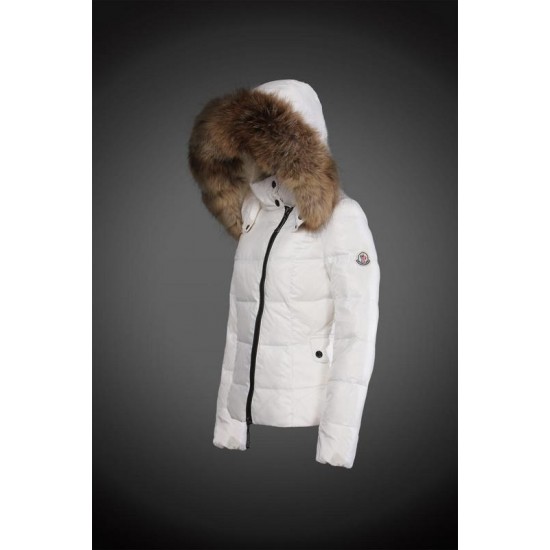 Women Moncler Down Jacket With Raccoon Fur Collar White