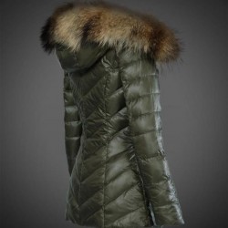 Women Moncler Long Down Coats With Raccoon Fur Collar Army Green