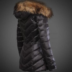 Women Moncler Long Down Coats With Raccoon Fur Collar Black