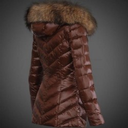 Women Moncler Long Down Coats With Raccoon Fur Collar Brown