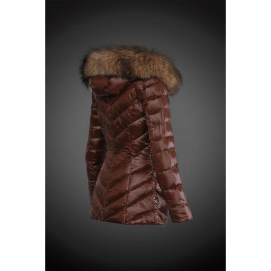 Women Moncler Long Down Coats With Raccoon Fur Collar Brown