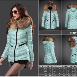 Women Moncler Long Down Coats With Raccoon Fur Collar Mint Green