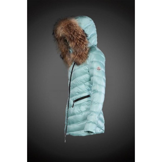 Women Moncler Long Down Coats With Raccoon Fur Collar Mint Green