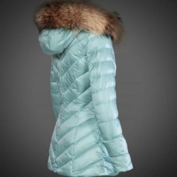 Women Moncler Long Down Coats With Raccoon Fur Collar Mint Green