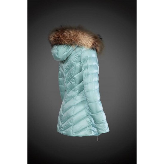 Women Moncler Long Down Coats With Raccoon Fur Collar Mint Green