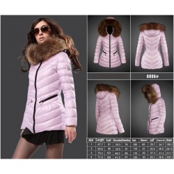 Women Moncler Long Down Coats With Raccoon Fur Collar Pink