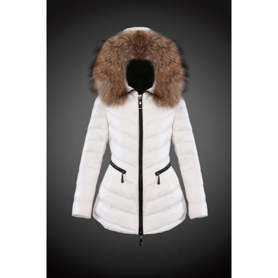 Women Moncler Long Down Coats With Raccoon Fur Collar White