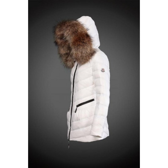 Women Moncler Long Down Coats With Raccoon Fur Collar White