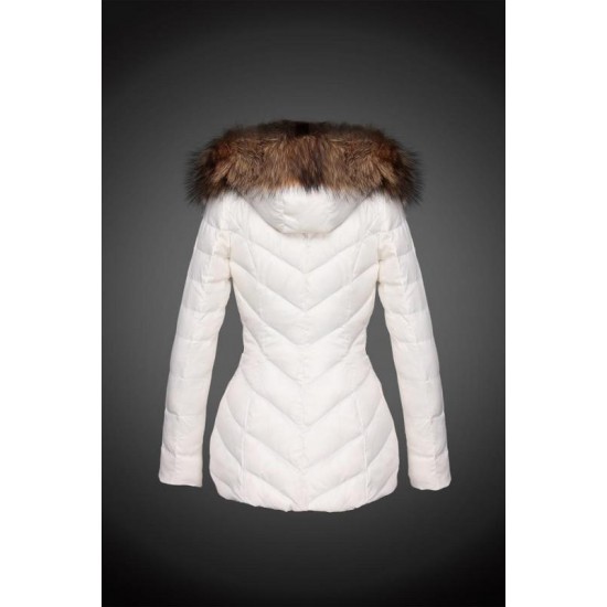 Women Moncler Long Down Coats With Raccoon Fur Collar White