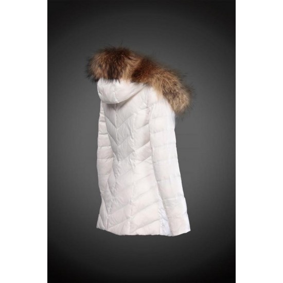 Women Moncler Long Down Coats With Raccoon Fur Collar White