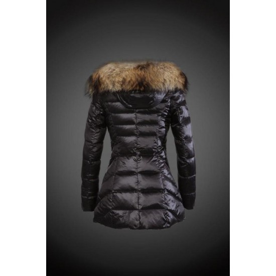 Women Moncler Long Down Coats With Raccoon Fur Collar Black