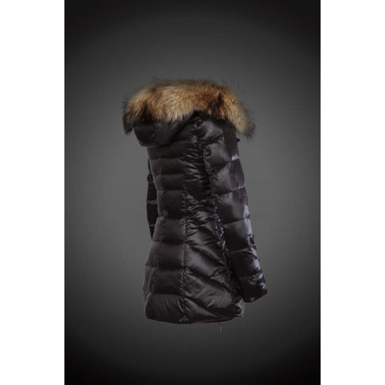 Women Moncler Long Down Coats With Raccoon Fur Collar Black