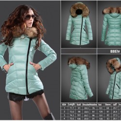 Women Moncler Long Down Coats With Raccoon Fur Collar Mint Green