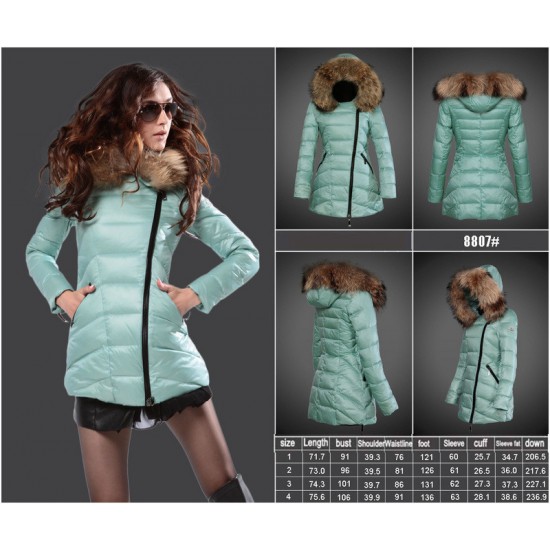 Women Moncler Long Down Coats With Raccoon Fur Collar Mint Green