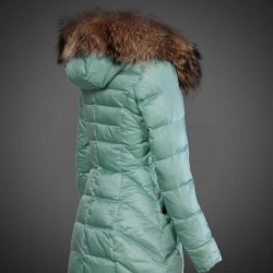 Women Moncler Long Down Coats With Raccoon Fur Collar Mint Green