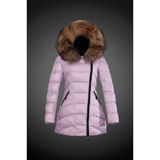 Women Moncler Long Down Coats With Raccoon Fur Collar Pink