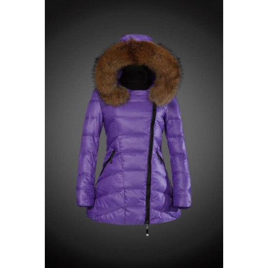 Women Moncler Long Down Coats With Raccoon Fur Collar Purple