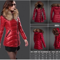 Women Moncler Long Down Coats With Raccoon Fur Collar Red