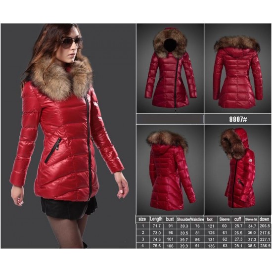 Women Moncler Long Down Coats With Raccoon Fur Collar Red