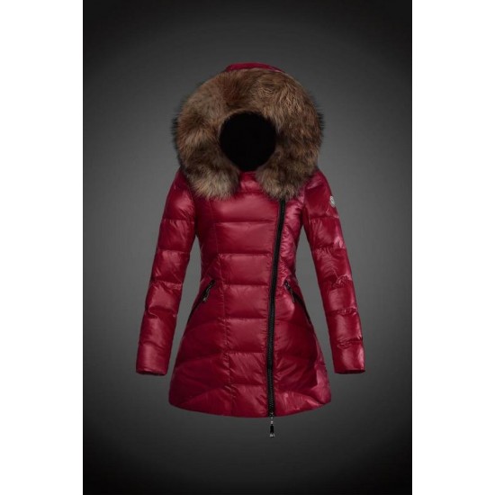 Women Moncler Long Down Coats With Raccoon Fur Collar Red