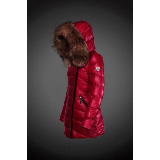 Women Moncler Long Down Coats With Raccoon Fur Collar Red