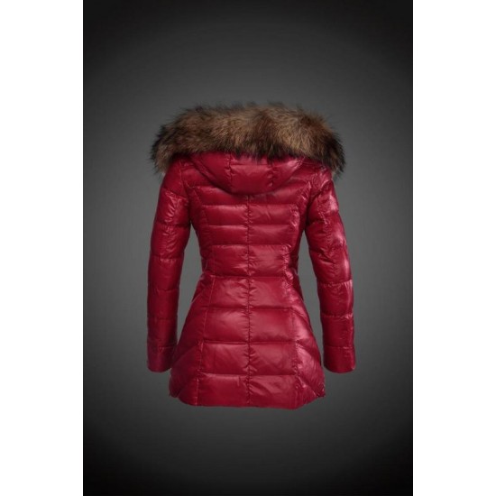 Women Moncler Long Down Coats With Raccoon Fur Collar Red