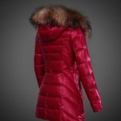 Women Moncler Long Down Coats With Raccoon Fur Collar Red