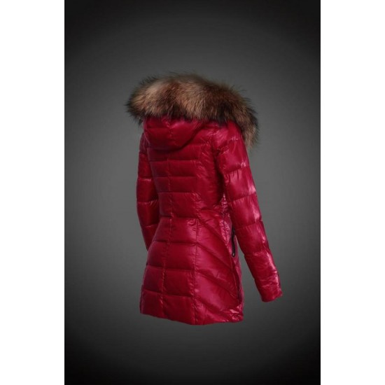 Women Moncler Long Down Coats With Raccoon Fur Collar Red