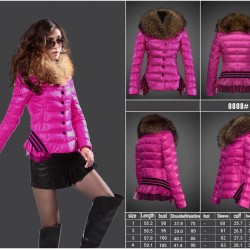 Women Moncler Down Jacket With Raccoon Fur Collar Rose Red