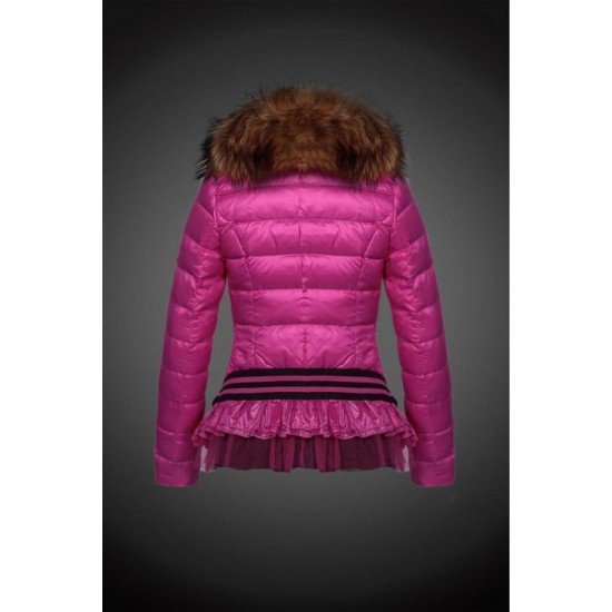 Women Moncler Down Jacket With Raccoon Fur Collar Rose Red