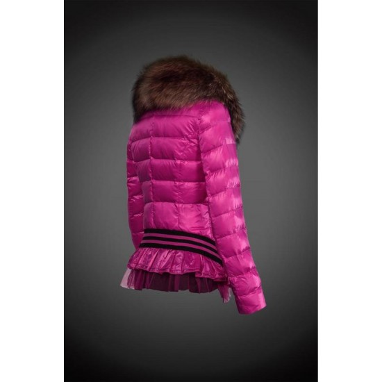 Women Moncler Down Jacket With Raccoon Fur Collar Rose Red