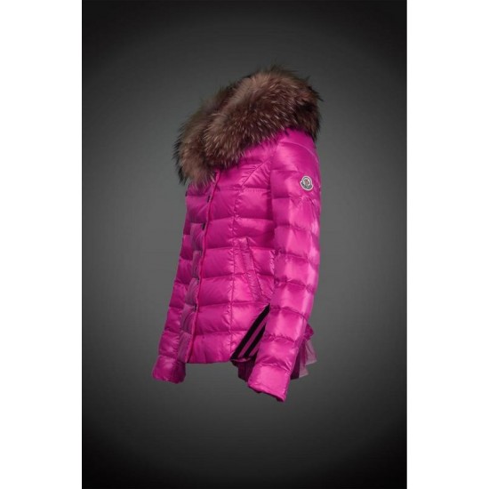 Women Moncler Down Jacket With Raccoon Fur Collar Rose Red