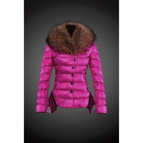 Women Moncler Down Jacket With Raccoon Fur Collar Rose Red