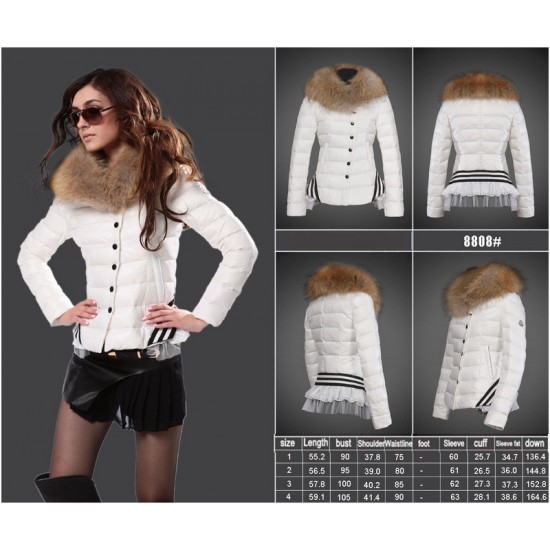 Women Moncler Down Jacket With Raccoon Fur Collar White