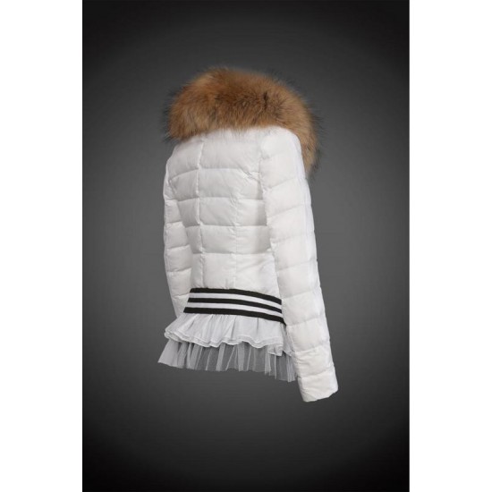 Women Moncler Down Jacket With Raccoon Fur Collar White