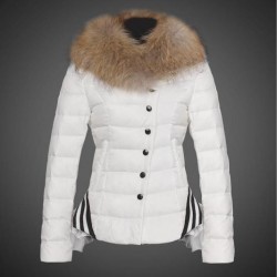 Women Moncler Down Jacket With Raccoon Fur Collar White