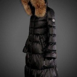 Women Moncler Long Down Coats With Raccoon Fur Collar Black