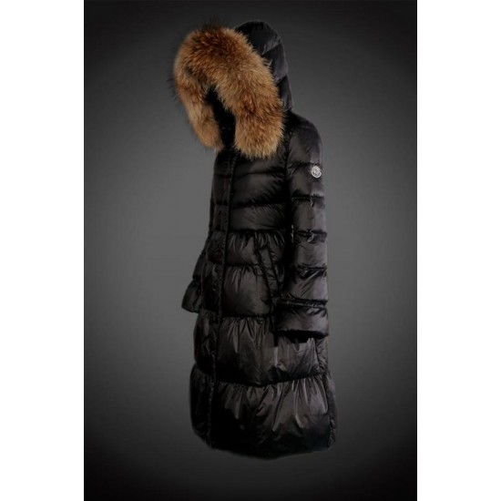 Women Moncler Long Down Coats With Raccoon Fur Collar Black